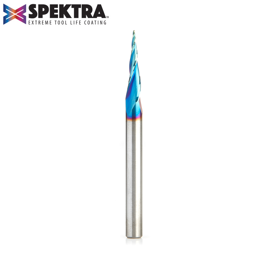 46280-K CNC 2D and 3D Carving 6.2 Deg Tapered Angle Ball Tip x 1/32 Dia x 1/64 Radius x 1  x 1/4 Shank x 3 Inch Long x 3 Flute Solid Carbide Up-Cut Spiral Spektra™ Extreme Tool Life Coated Router Bit