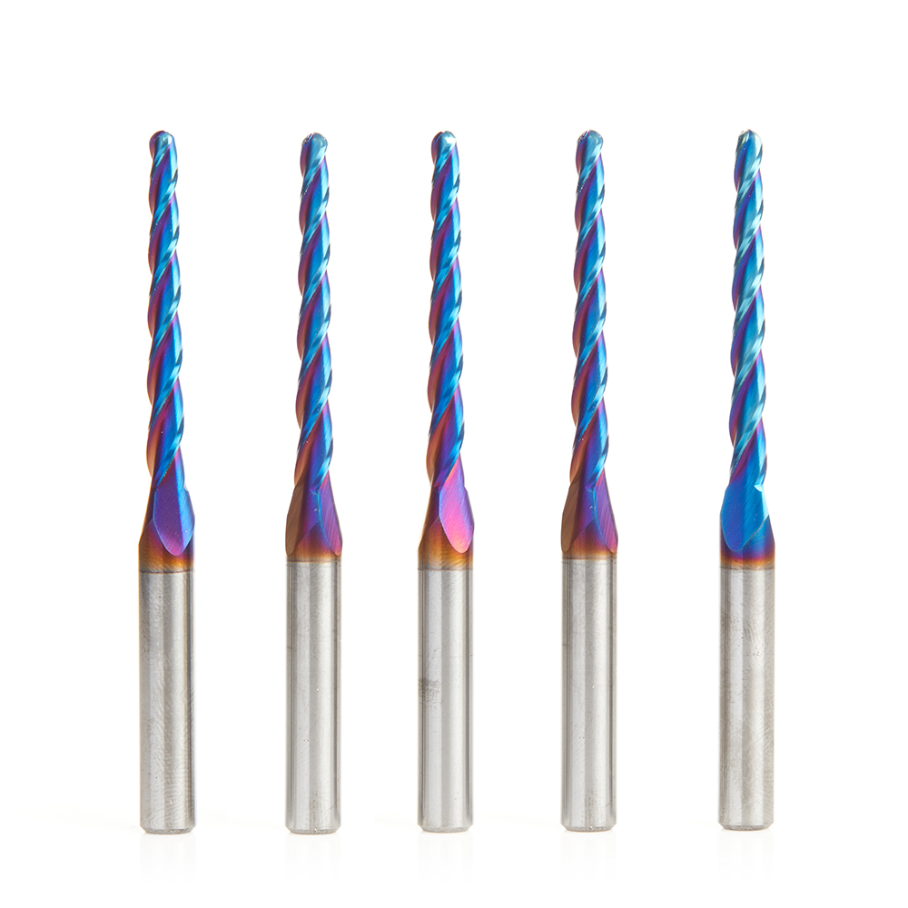 46284-K-5 5-Pack CNC 2D and 3D Carving 1 Deg Tapered Angle Ball Tip x 1/8 Dia x 1/16 Radius x 1-1/2 x 1/4 Shank x 3 Inch Long x 3 Flute Solid Carbide Up-Cut Spiral Spektra™ Extreme Tool Life Coated Router Bit