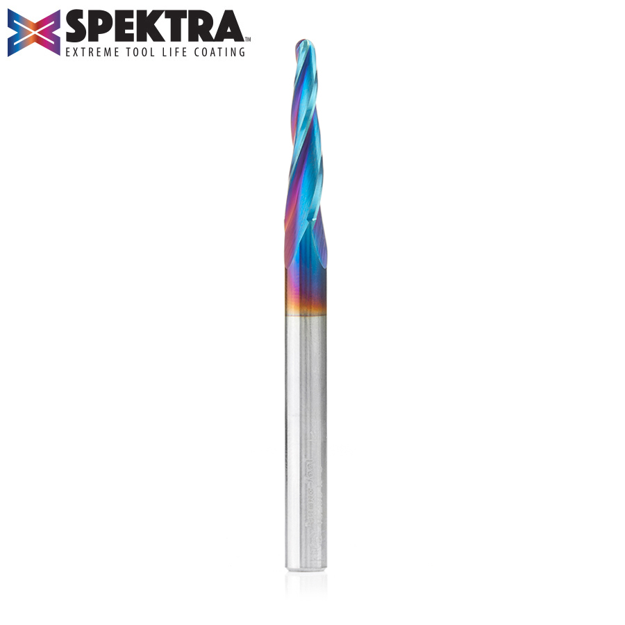 46286-K CNC 2D and 3D Carving 3.6 Deg Tapered Angle Ball Tip 1/8 Dia x 1/16 Radius x 1  x 1/4 Shank x 3 Inch Long x 3 Flute Solid Carbide Up-Cut Spiral Spektra™ Extreme Tool Life Coated Router Bit