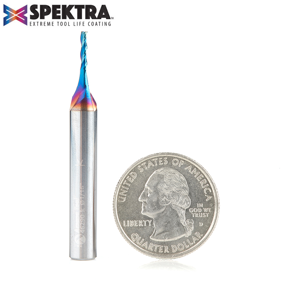 46290-K CNC 2D and 3D Carving Flat Bottom 0.10 Deg Angle x 1/16 Dia x 5/16 x 1/4 Shank x 2 Inch Long x 3 Flute Solid Carbide Up-Cut Spiral Spektra™ Extreme Tool Life Coated Router Bit