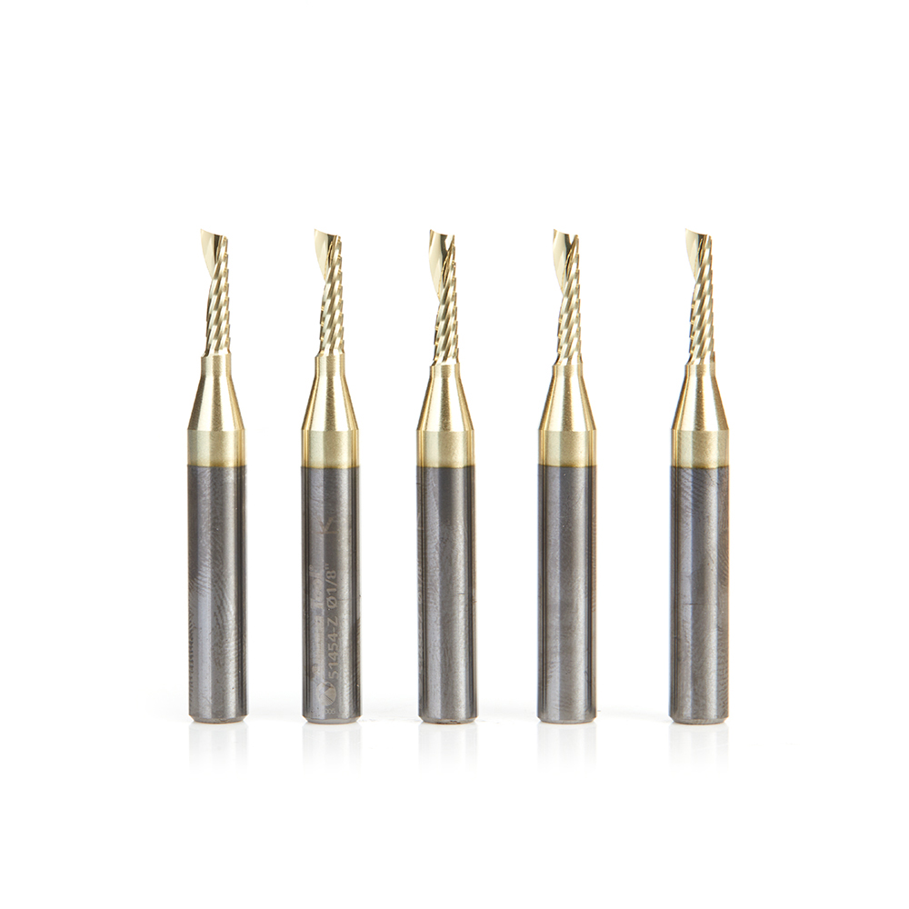 51454-Z-5 5-Pack Solid Carbide CNC Spiral ‘O’ Flute, Aluminum Cutting 1/8 Dia x 1/2 x 1/4 Shank Up-Cut ZrN Coated Router Bit