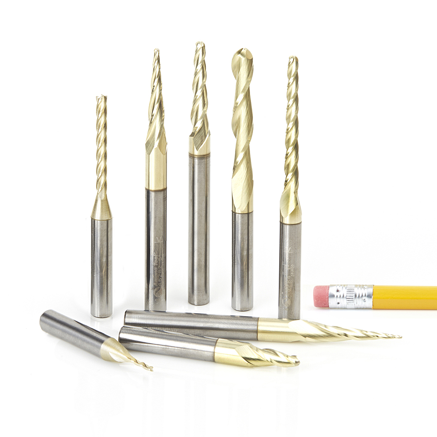 AMS-136 8-Pc Solid Carbide Up-Cut Spiral 2D/3D Carving Ball Nose ZrN Coated CNC Router Bit Collection, 1/4 Inch Shank