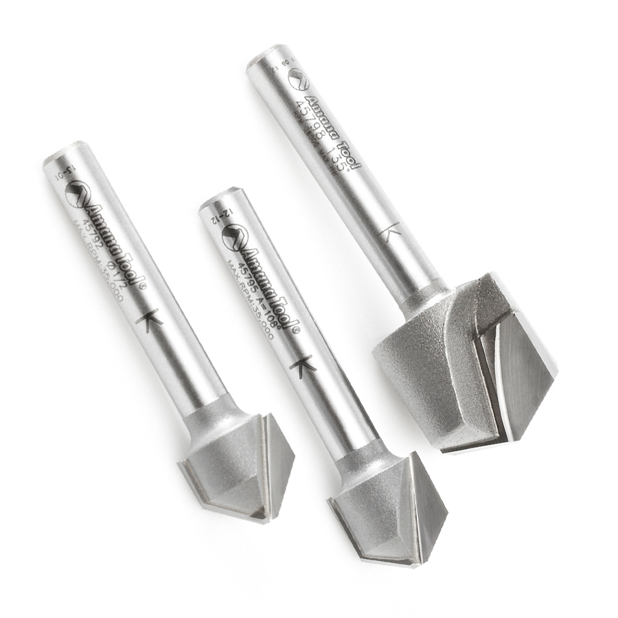 AMS-140 3-Pc. Carbide Tipped V-Groove 90, 108 and 135 Degree Angles for Double Edge Folding Aluminum Composite Material (ACM) Panels 1/4 Inch Shank Router Bit Set