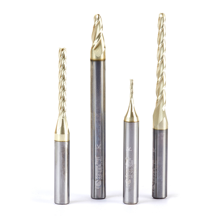 AMS-141 4-Pc CNC 2D and 3D Carving Ball Nose & Flat Bottom ZrN Coated Solid Carbide 1/4 Inch Shank Router Bit Set, Includes 46284 (1/16), 46288 (1/8), 46290 (1/16) & 46292 (1/8 Dia.)