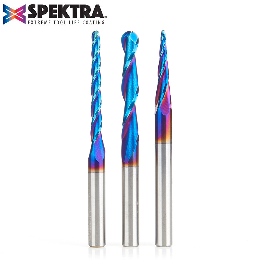 AMS-142-K 3-Pc Solid Carbide Up-Cut Spiral 2D/3D Carving Ball Nose Spektra™ Extreme Tool Life Coated CNC Router Bit Set, 1/4 Inch Shank, Includes 1/16, 1/8 & 1/4 Diameters