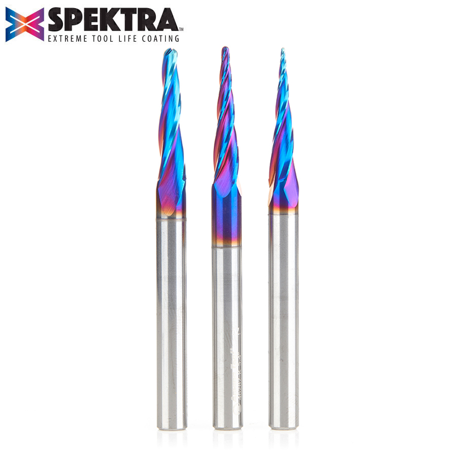 AMS-144-K 3-Pc Solid Carbide Up-Cut Spiral 2D/3D Carving Ball Nose Spektra™ Extreme Tool Life Coated CNC Router Bit Set, 1/4 Inch Shank, Includes 1/32, 1/16 & 1/8 Diameters