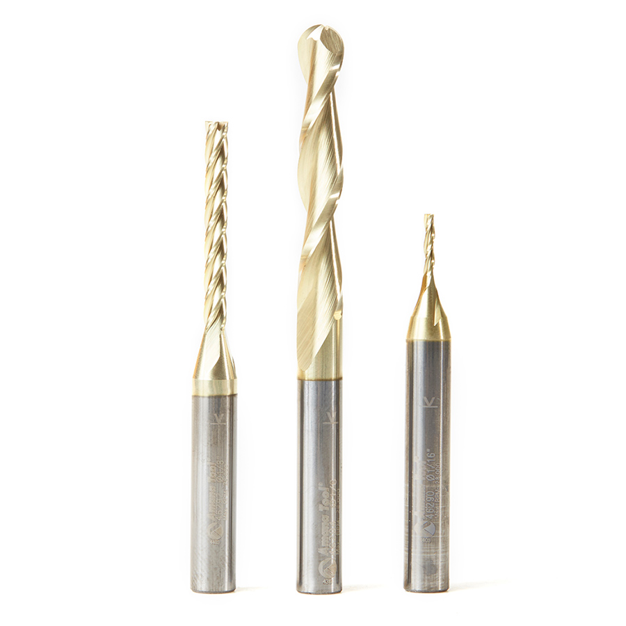 AMS-145 3-Pc CNC Up-Cut Spiral 2D and 3D Carving Ball Nose & Flat Bottom ZrN Coated Solid Carbide 1/4 Inch Shank Router Bit Set, Includes 1/16, 1/8 & 1/4 Diameters
