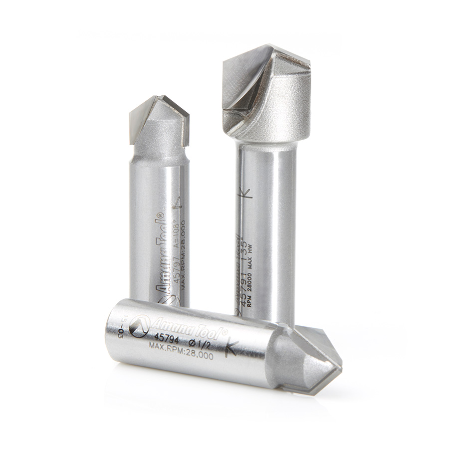 AMS-147 3-Pc. Carbide Tipped V-Groove 90, 108 and 135 Degree Angles for Double Edge Folding Aluminum Composite Material (ACM) Panels 1/2 Inch Shank Router Bit Set