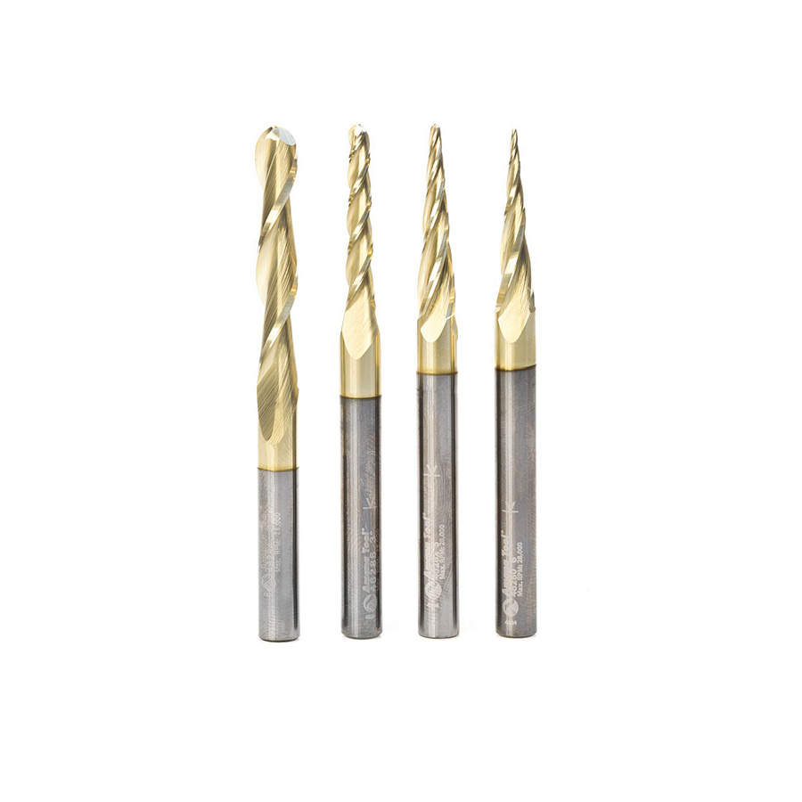 AMS-148 4-Pc Solid Carbide Up-Cut Spiral 2D/3D Carving Ball Nose ZrN Coated CNC Router Bit Set, 1/4 Inch Shank, Includes 1/32, 1/16, 1/8 & 1/4 Diameters.