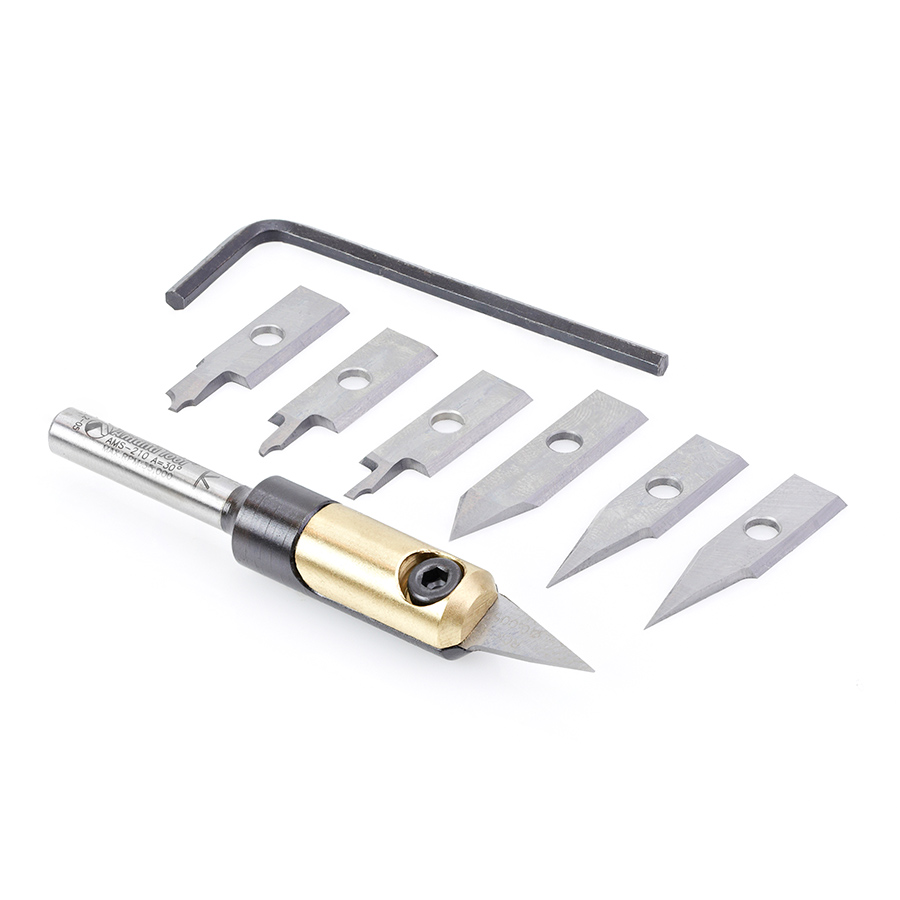 AMS-210 8-Piece In-Groove Insert Engraving Tool Body & Knives 1/4 Inch Shank Set