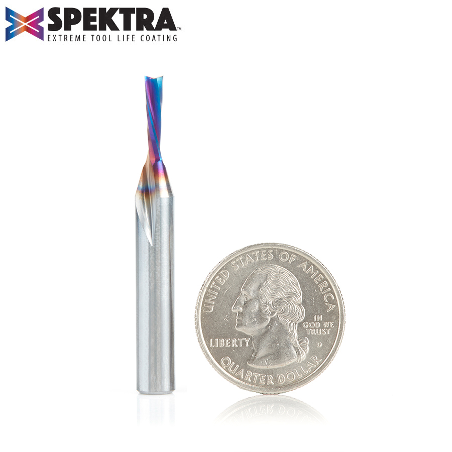 46341-K Solid Carbide Spektra™ Extreme Tool Life Coated Spiral Plunge for Solid Wood 1/8 Dia x 1/2 x 1/4 Inch Shank Down-Cut