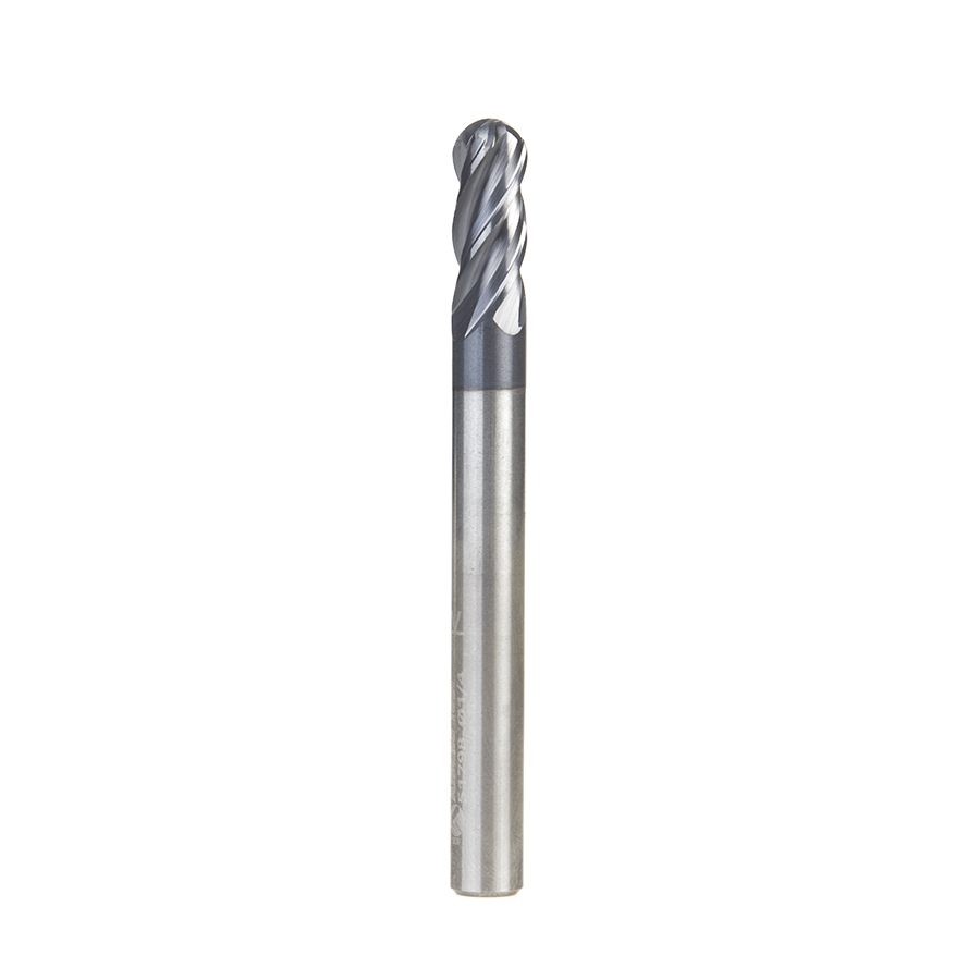 51798 High Performance Solid Carbide CNC Steel, Stainless Steel & Composite Cutting Variable Helix Spiral Ball Nose with AlTiN Coating 4-Flute x 1/4 Dia x 5/8 x 1/4 Shank x 2-1/2 Inch Long Up-Cut Router Bit/End Mill