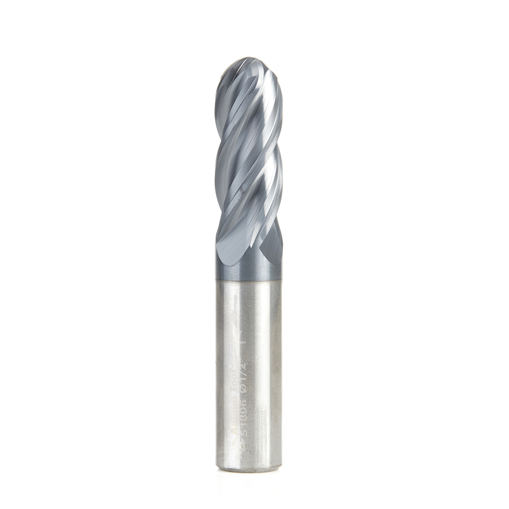 51806 High Performance Solid Carbide CNC Steel, Stainless Steel & Composite Cutting Variable Helix Spiral Ball Nose with AlTiN Coating 4-Flute x 1/2 Dia x 1-1/4 x 1/2 Shank x 3 Inch Long Up-Cut Router Bit/End Mill