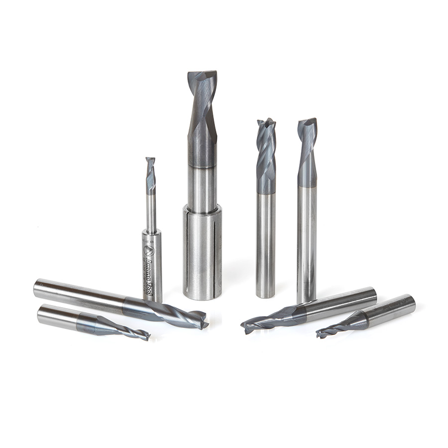 AMS-152 8-Pc Set, Solid Carbide Spiral, AlTiN Coated, CNC End Mill / Router Bit Collection for Stainless Steel, Steel & Composite Materials, 1/8, 1/4 & 3/8 Inch Shank