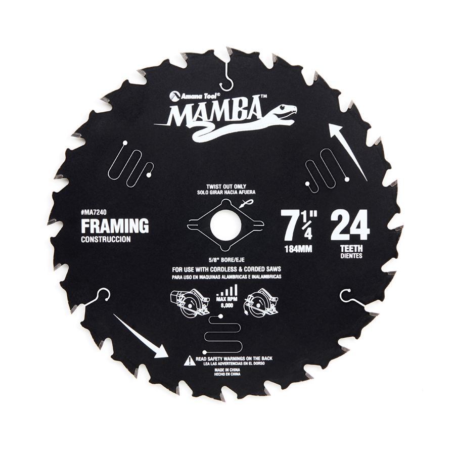 MA7240 Top Quality Carbide Tipped Thin Kerf Framing and Decking Mamba Contractor Series 7-1/4 Inch Dia x 24T, ATB, 18 Deg, 5/8 Bore with Diamond Knockout Circular Saw Blade