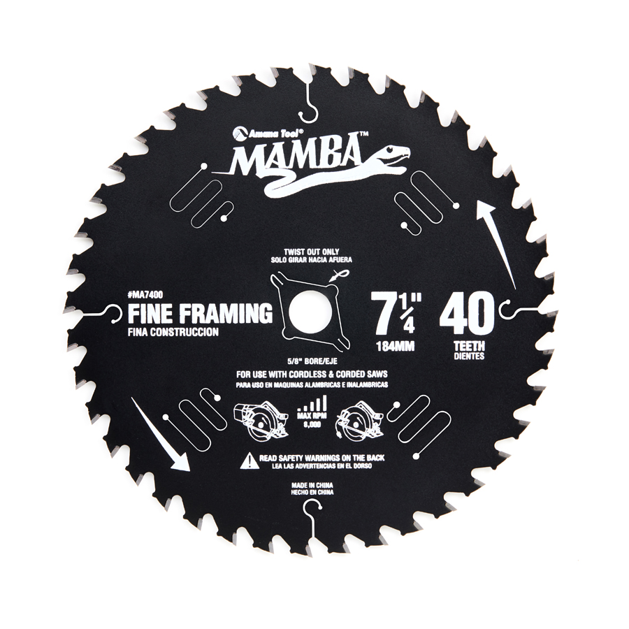 MA7400 Top Quality Carbide Tipped Thin Kerf Fine Framing and Decking Mamba Contractor Series 7-1/4 Inch Dia x 40T, ATB, 15 Deg, 5/8 Bore with Diamond Knockout Circular Saw Blade