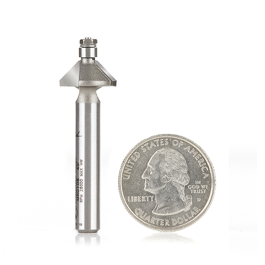Carbide Tipped Miniature Chamfer 45 Degree x 9/16 Dia x 1/4 x 1/4 Inch Shank with Mini 3/16 Dia Lower Ball Bearing