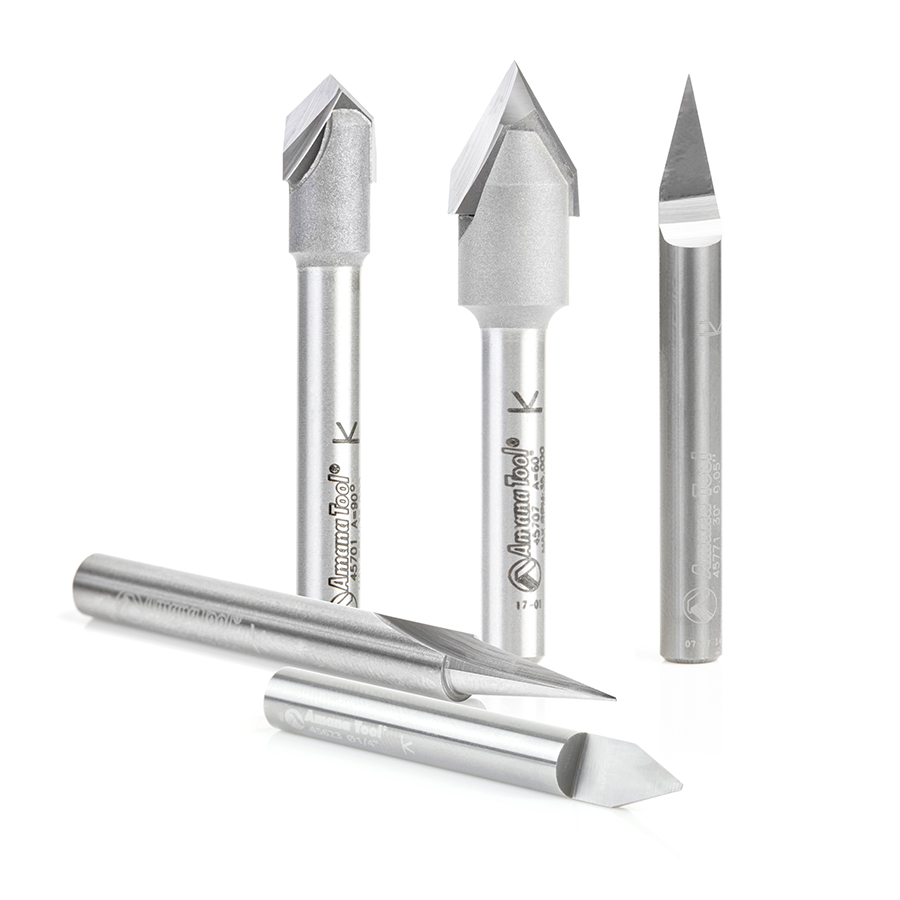 AMS-159 5-Pc Solid Carbide and Carbide Tipped 18, 30, 45, 60 & 90 Degree V-Groove Router Bit Pack, 1/4 Inch Shank
