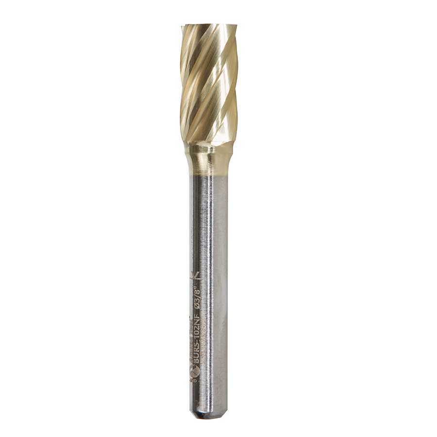 BURS-102NF Solid Carbide Cylindrical Shape with No End Cut 3/8 Dia x 3/4 x 1/4 Shank Non-Ferrous ZrN Coated SA Burr Bit for Die-Grinders