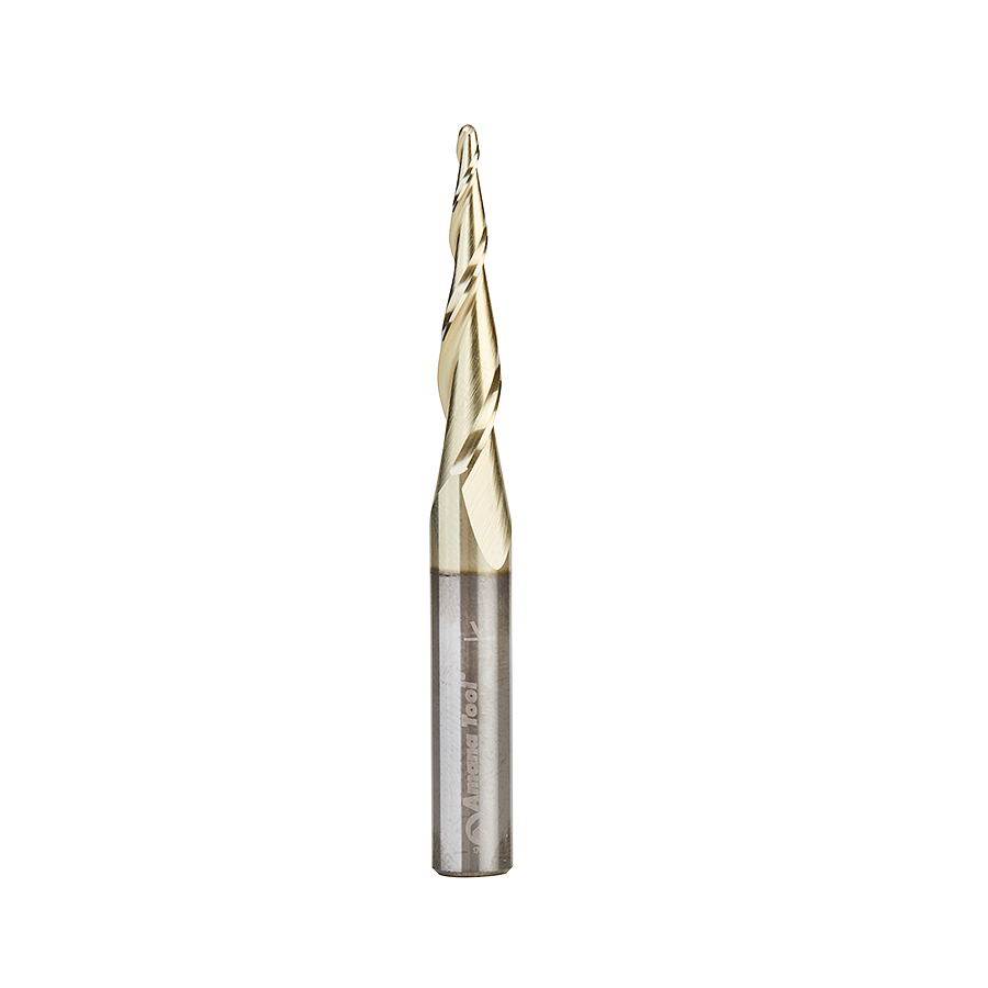 46252-S CNC 2D and 3D Carving 5.5 Deg Tapered Angle Ball Tip x 1/16 Dia x 1/32 Radius x 1 x 1/4 Shank x 2-1/4 Inch Long x 2 Flute Solid Carbide Up-Cut Spiral ZrN Coated Router Bit