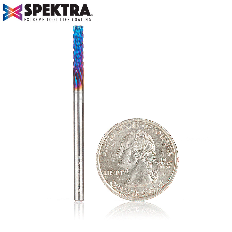 46260-K Solid Carbide CNC Spektra™ Extreme Tool Life Coated Spiral Carbon Graphite & Carbon Fiber Panel Cutting 1/8 Dia x 1/2 x 1/8 Shank x 2 Inch Long Down-Cut Router Bit