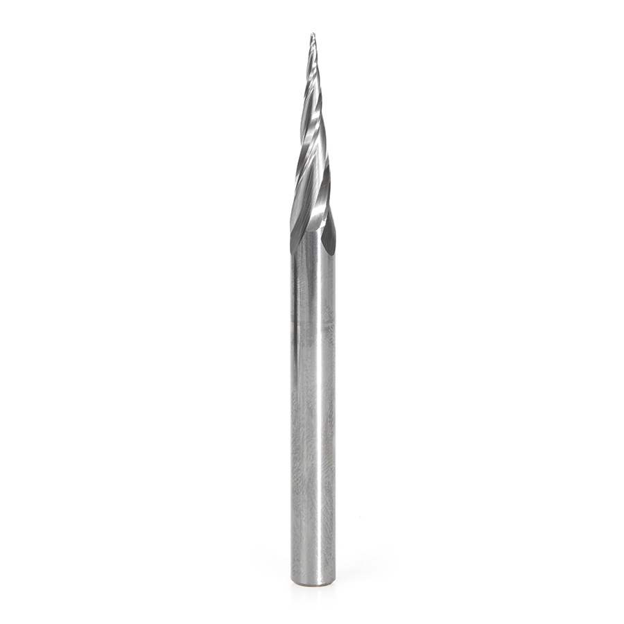 46280-U CNC 2D and 3D Carving 6.2 Deg Tapered Angle Ball Tip x 1/32 Dia x 1/64 Radius x 1 x 1/4 Shank x 3 Inch Long x 3 Flute Solid Carbide Up-Cut Spiral Router Bit