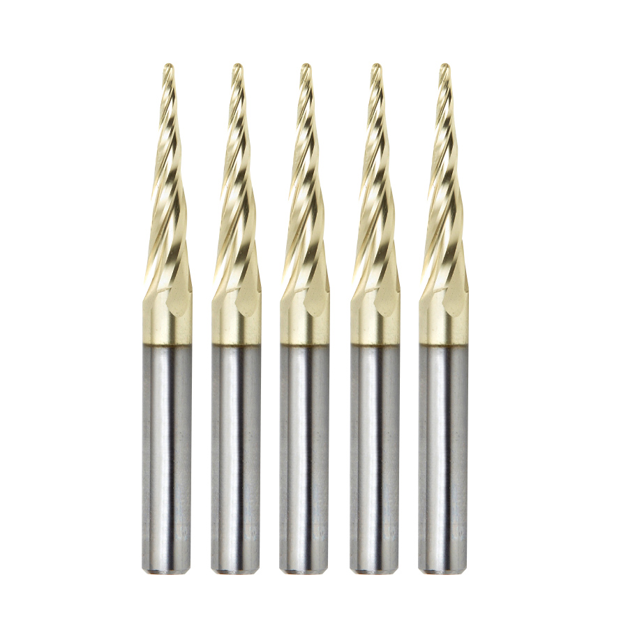 46282-5, 5-Pack CNC 2D and 3D Carving 5.4 Deg Tapered Angle Ball Tip 1/16 Dia x 1/32 Radius x 1 x 1/4 Shank x 3 Inch Long x 4 Flute Solid Carbide Up-Cut Spiral ZrN Coated Router Bits