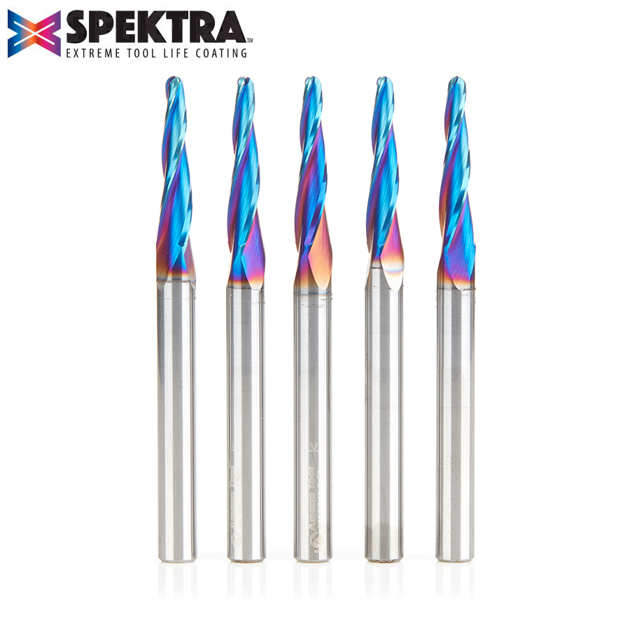 46286-K-5 5-Pack CNC 2D and 3D Carving 3.6 Deg Tapered Angle Ball Tip 1/8 Dia x 1/16 Radius x 1 x 1/4 Shank x 3 Inch Long x 3 Flute Solid Carbide Up-Cut Spiral Spektra™ Extreme Tool Life Coated Router Bit