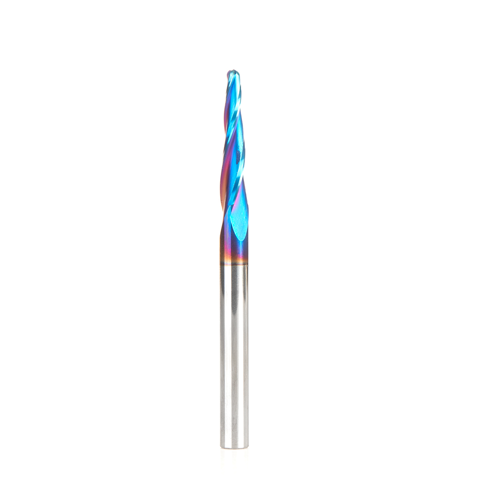 46286-K-M CNC 2D and 3D Carving 3.6 Deg Tapered Angle Ball Tip x 3.0mm Dia x 1.50mm Radius x 26mm x 6mm Shank x 75mm Long x 3 Flute Solid Carbide Up-Cut Spiral Spektra™ Extreme Tool Life Coated Router Bit