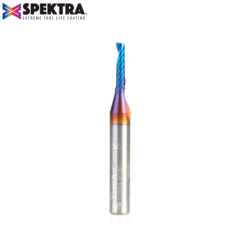 57360-K Solid Carbide CNC Spektra™ Extreme Tool Life Coated Spiral ‘O’ Flute, Plastic Cutting for Improved Surface Finish 1/8 Dia x 1/2 x 1/4 Inch Shank Up-Cut Router Bit