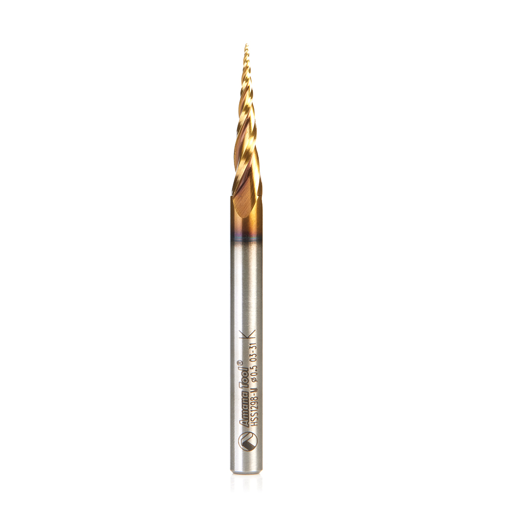 HSS1298-M CNC 2D and 3D Carving 5.8 Deg Tapered Angle Ball Tip x 0.5mm Dia x 0.25mm Radius x 26mm x 6mm Shank x 76mm Long x 3 Flute High Speed Steel (HSS) Up-Cut Spiral ZrN Coated Router Bit