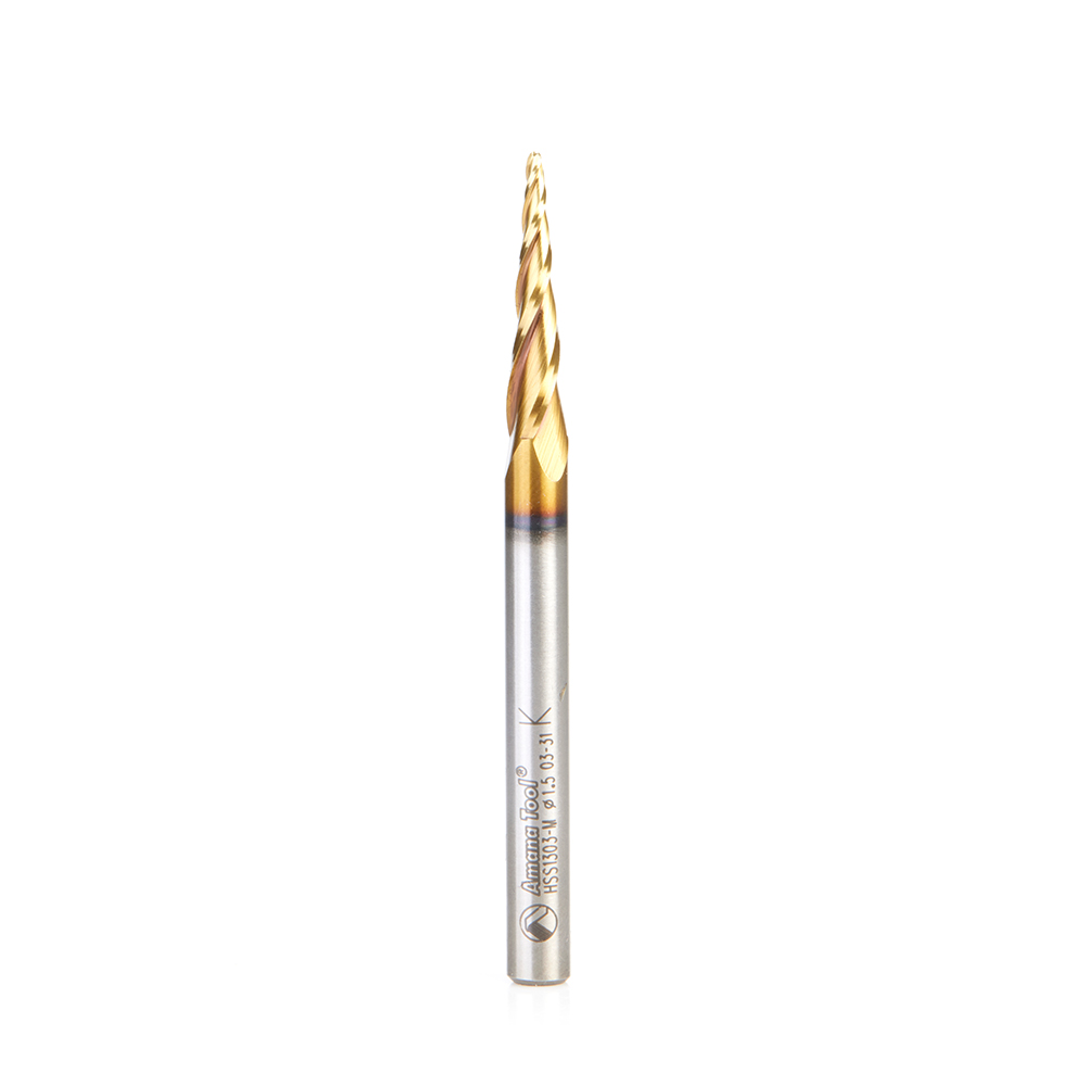 HSS1303-M CNC 2D and 3D Carving 5.1 Deg Tapered Angle Ball Tip x 1.5mm Dia x 0.75mm Radius x 26mm x 6mm Shank x 76mm Long x 3 Flute High Speed Steel (HSS) Up-Cut Spiral ZrN Coated Router Bit