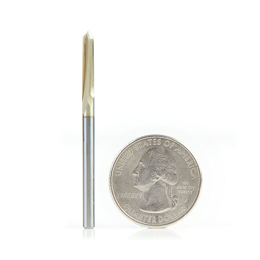 Zero-Point” 90 Degree V-Groove and Engraving 1/8 Dia x 1/16 x 1/8 Shank ZrN Coated Router Bit