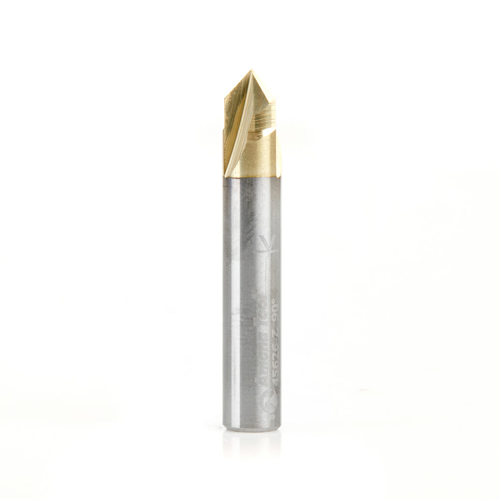 “Zero-Point” 90 Degree V-Groove and Engraving 1/4 Dia x 1/8 x 1/4 Shank ZrN Coated Router Bit