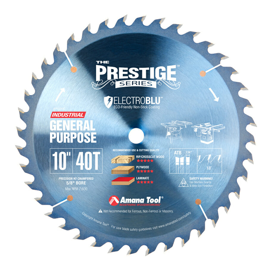 Electro-Blu™ Carbide Tipped Prestige™ General Purpose 10 Inch Dia 40T ATB, 18 Deg, 5/8 Bore, Non-Stick Coated